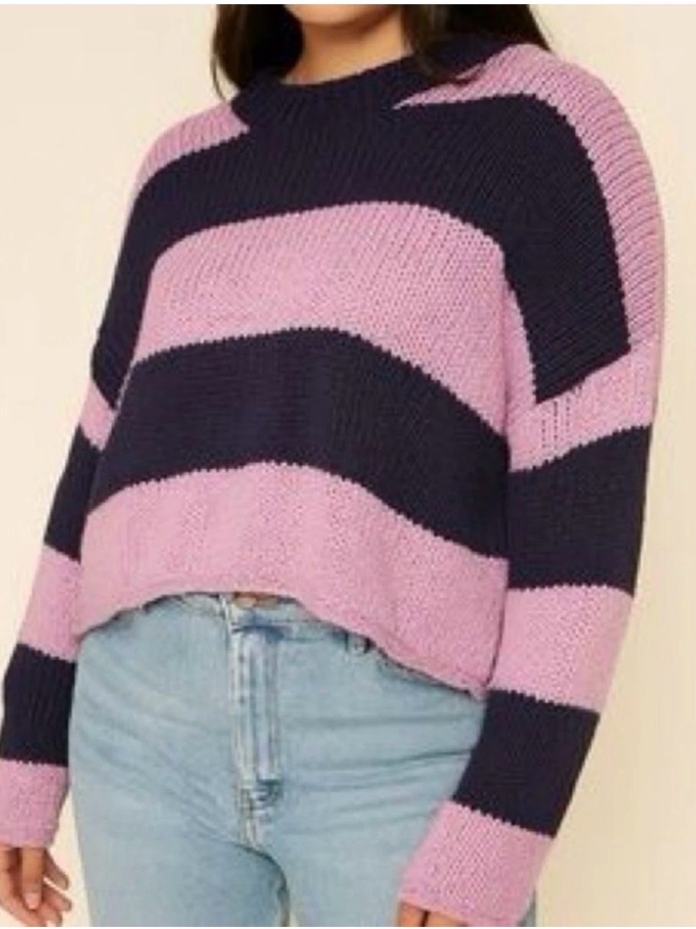 Aerie Womens M Lavender Navy Striped Cropped Sweater Oversized Slouchy Knit